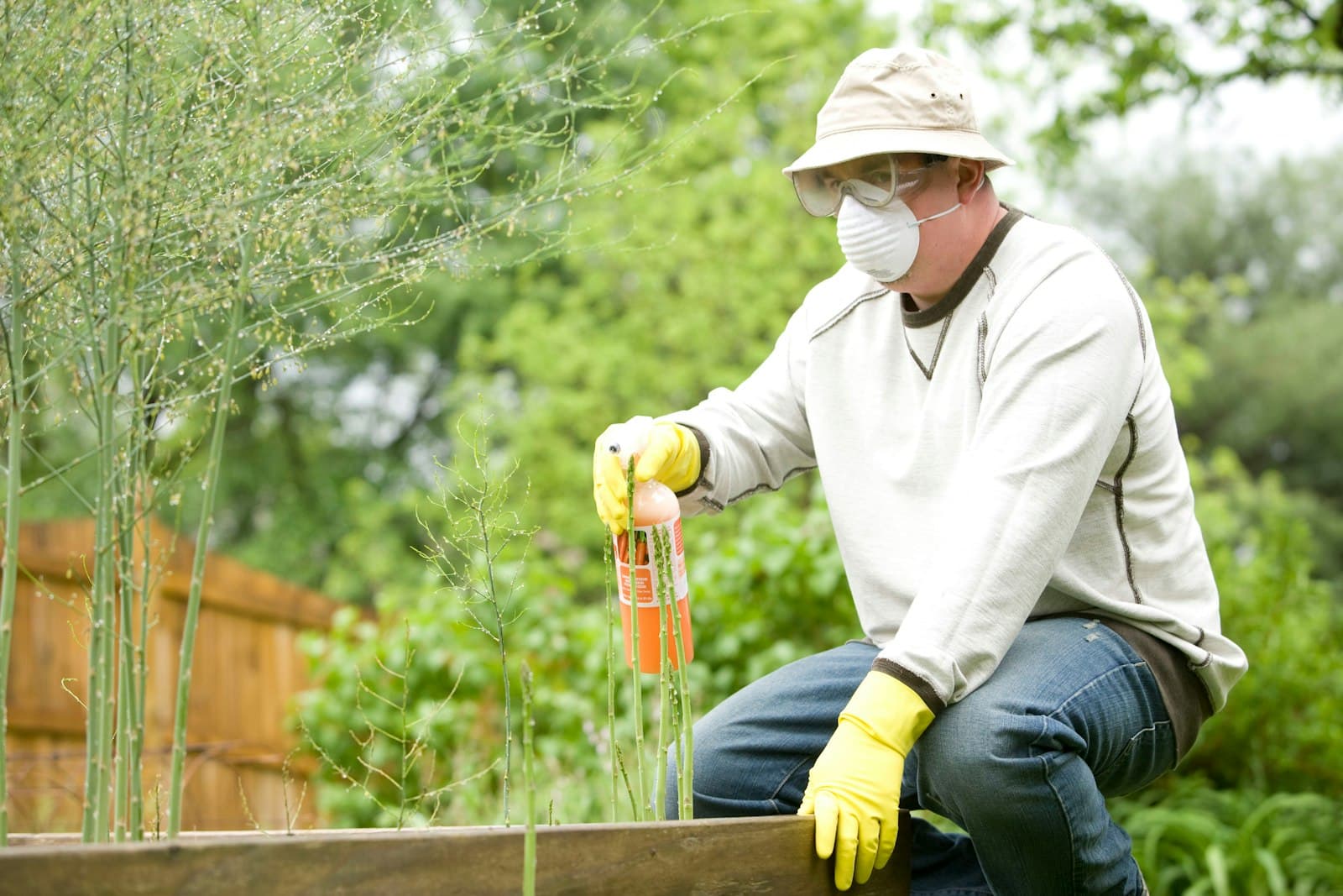 A technician in protective gear treating a yard